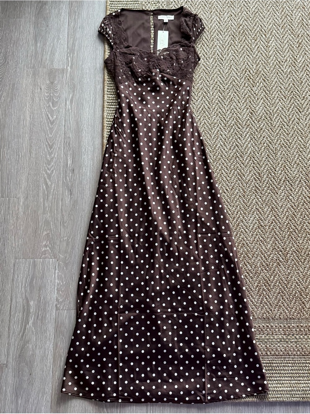 Thirty Thirty Brown Lace-Trim Satin-Like Maxi Dress with White Polka Dots